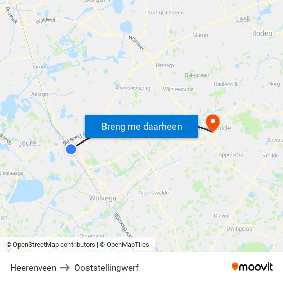 Heerenveen to Ooststellingwerf map