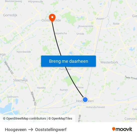 Hoogeveen to Ooststellingwerf map