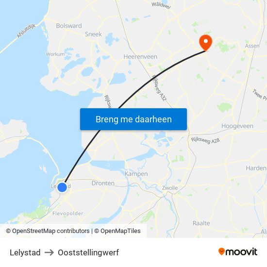 Lelystad to Ooststellingwerf map