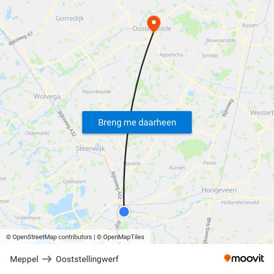 Meppel to Ooststellingwerf map