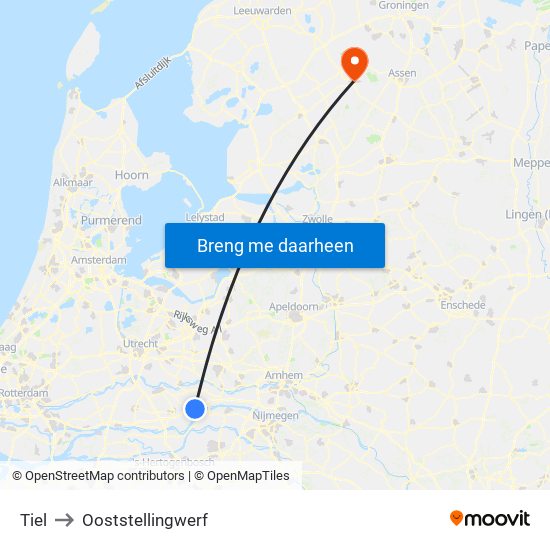 Tiel to Ooststellingwerf map