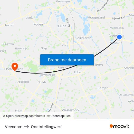 Veendam to Ooststellingwerf map