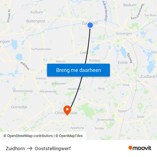 Zuidhorn to Ooststellingwerf map