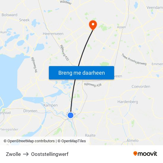 Zwolle to Ooststellingwerf map