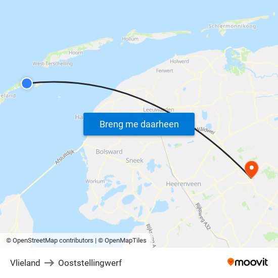Vlieland to Ooststellingwerf map