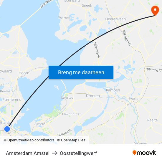 Amsterdam Amstel to Ooststellingwerf map