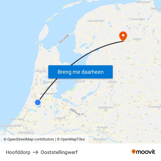 Hoofddorp to Ooststellingwerf map