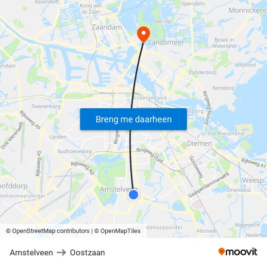 Amstelveen to Oostzaan map