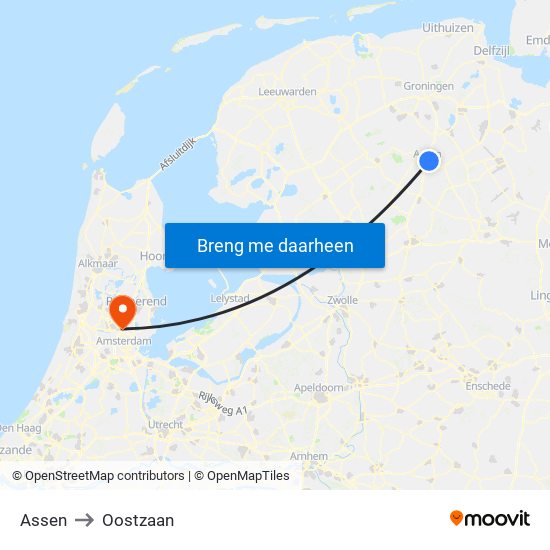 Assen to Oostzaan map