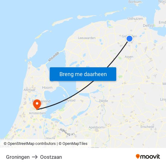 Groningen to Oostzaan map