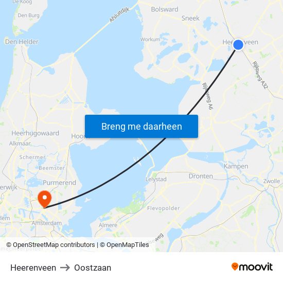 Heerenveen to Oostzaan map