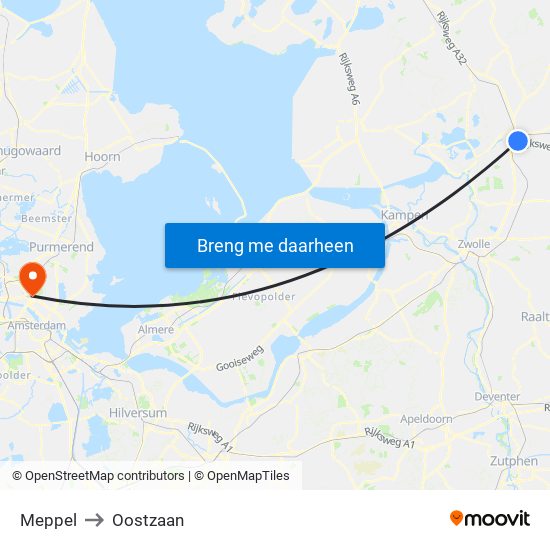 Meppel to Oostzaan map