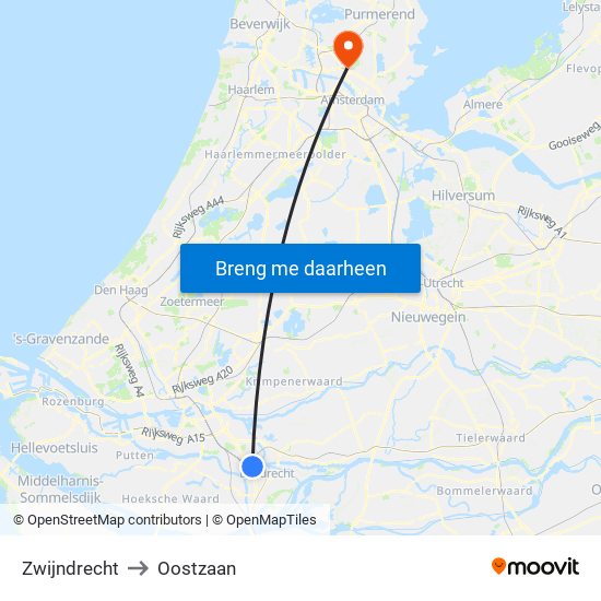Zwijndrecht to Oostzaan map