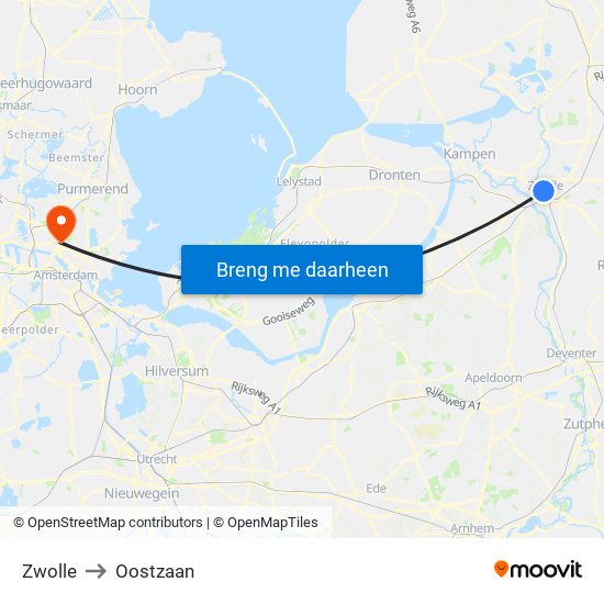 Zwolle to Oostzaan map