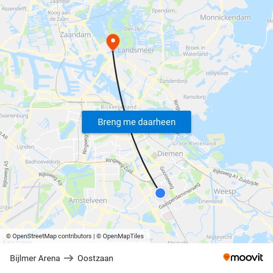 Bijlmer Arena to Oostzaan map