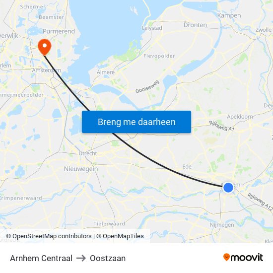 Arnhem Centraal to Oostzaan map