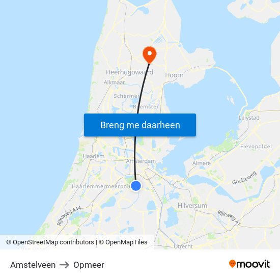 Amstelveen to Opmeer map