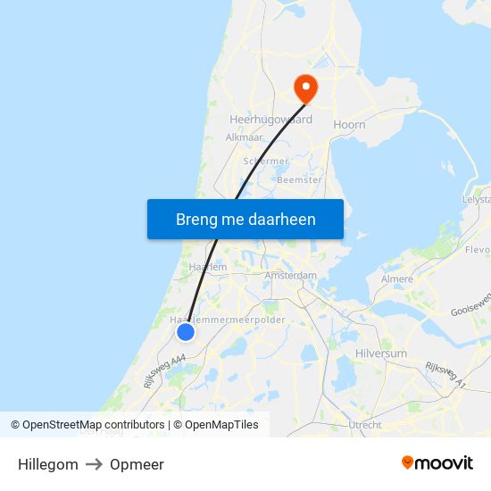 Hillegom to Opmeer map