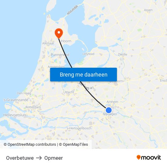 Overbetuwe to Opmeer map