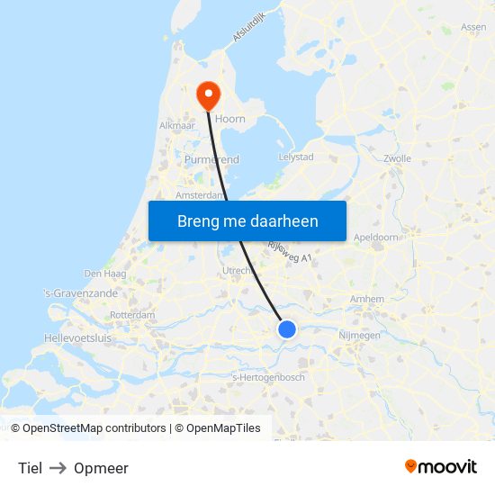 Tiel to Opmeer map