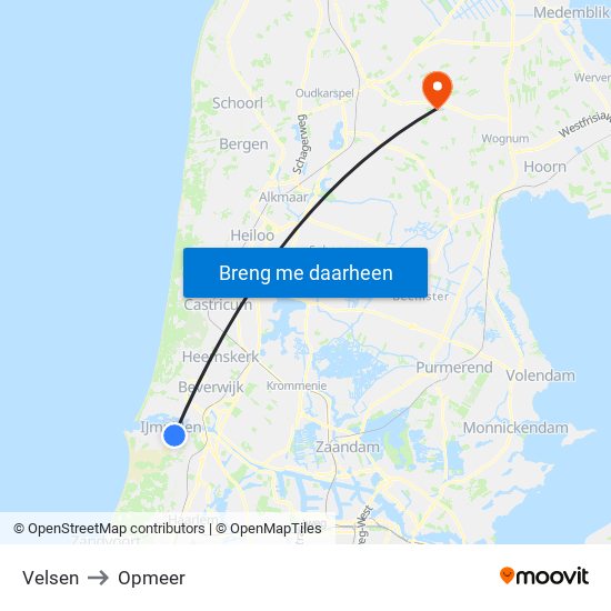Velsen to Opmeer map