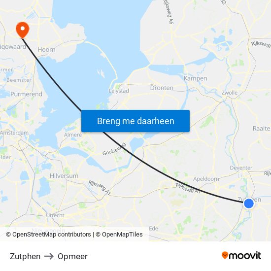 Zutphen to Opmeer map