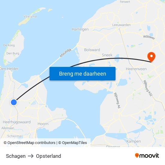 Schagen to Opsterland map