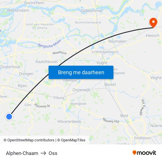 Alphen-Chaam to Oss map