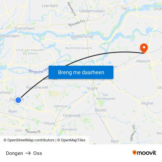 Dongen to Oss map