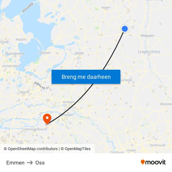 Emmen to Oss map