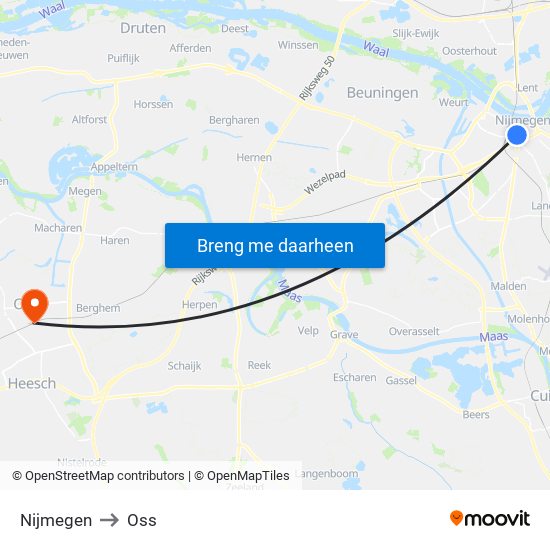 Nijmegen to Oss map
