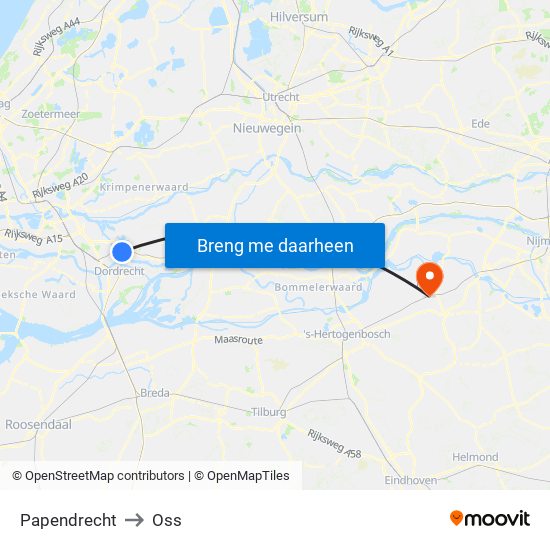 Papendrecht to Oss map