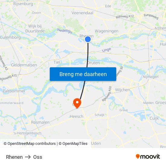 Rhenen to Oss map