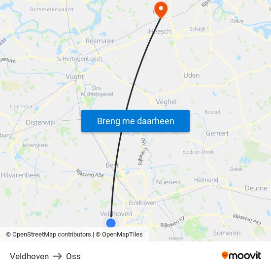 Veldhoven to Oss map