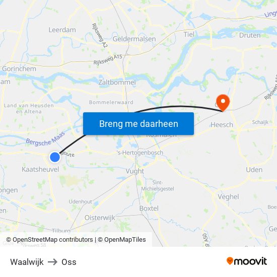 Waalwijk to Oss map