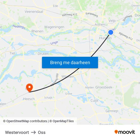 Westervoort to Oss map