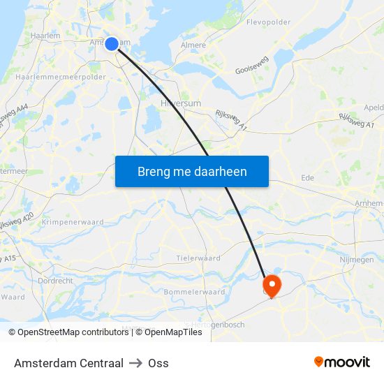 Amsterdam Centraal to Oss map