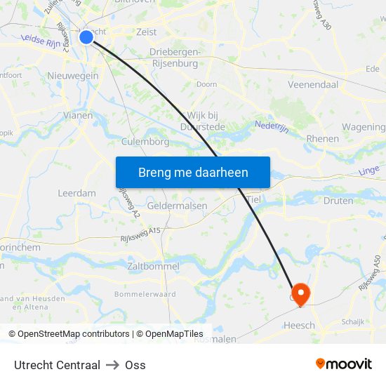 Utrecht Centraal to Oss map