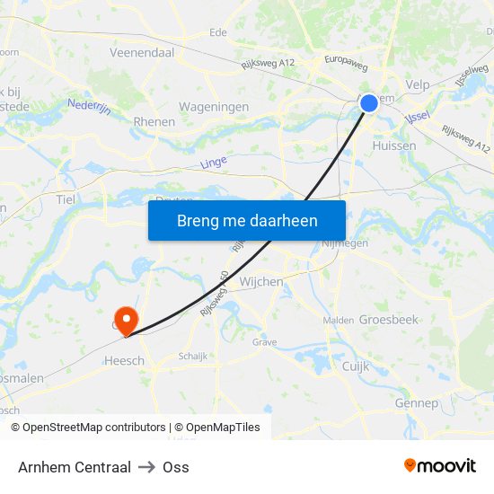 Arnhem Centraal to Oss map