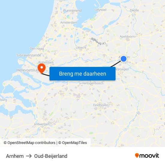 Arnhem to Oud-Beijerland map