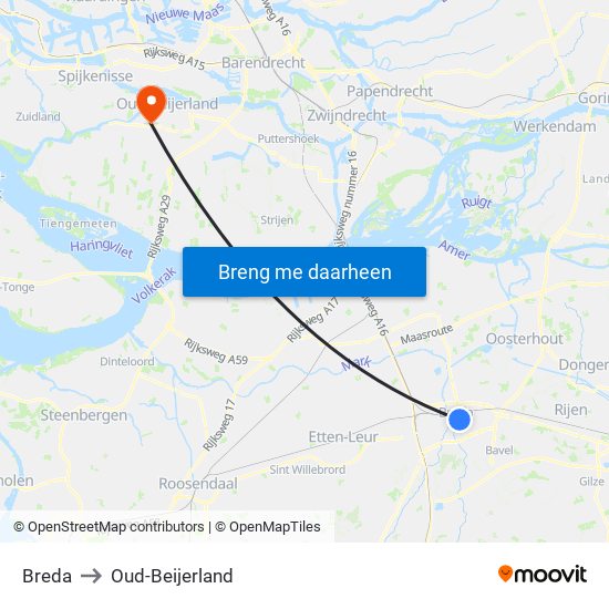 Breda to Oud-Beijerland map