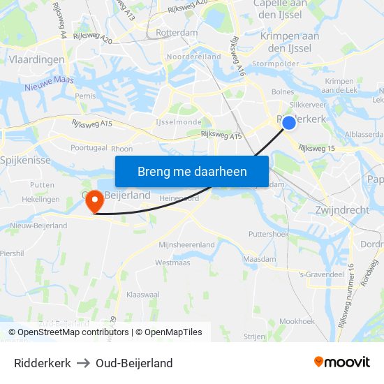 Ridderkerk to Oud-Beijerland map