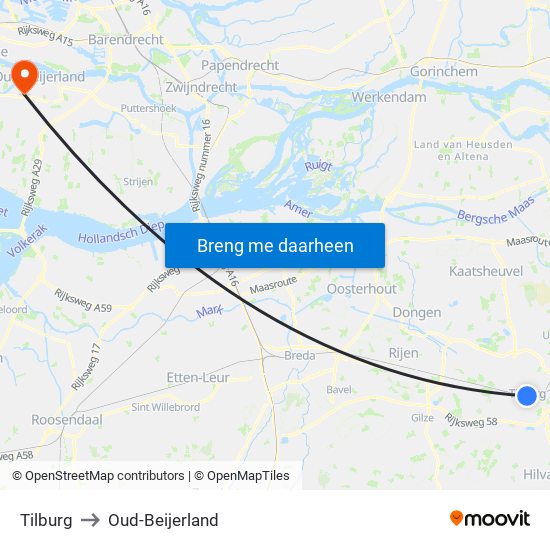 Tilburg to Oud-Beijerland map