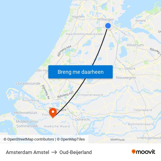 Amsterdam Amstel to Oud-Beijerland map