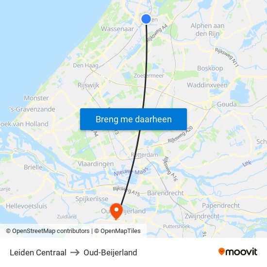 Leiden Centraal to Oud-Beijerland map