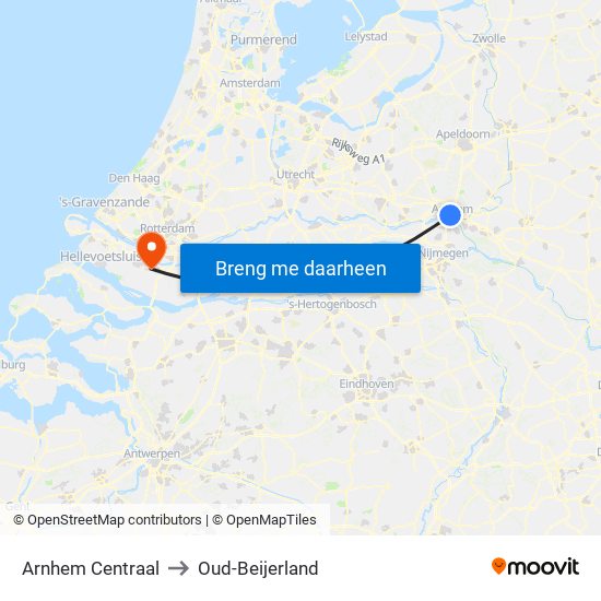 Arnhem Centraal to Oud-Beijerland map