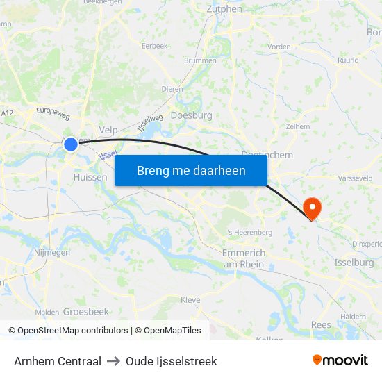 Arnhem Centraal to Oude Ijsselstreek map