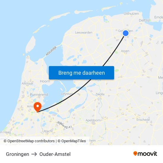 Groningen to Ouder-Amstel map