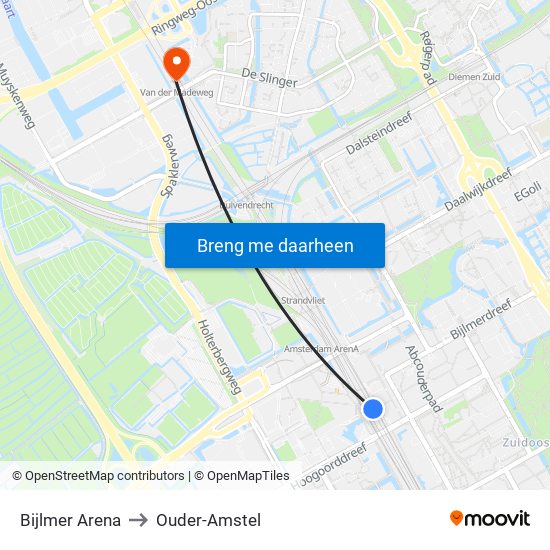 Bijlmer Arena to Ouder-Amstel map