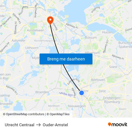 Utrecht Centraal to Ouder-Amstel map